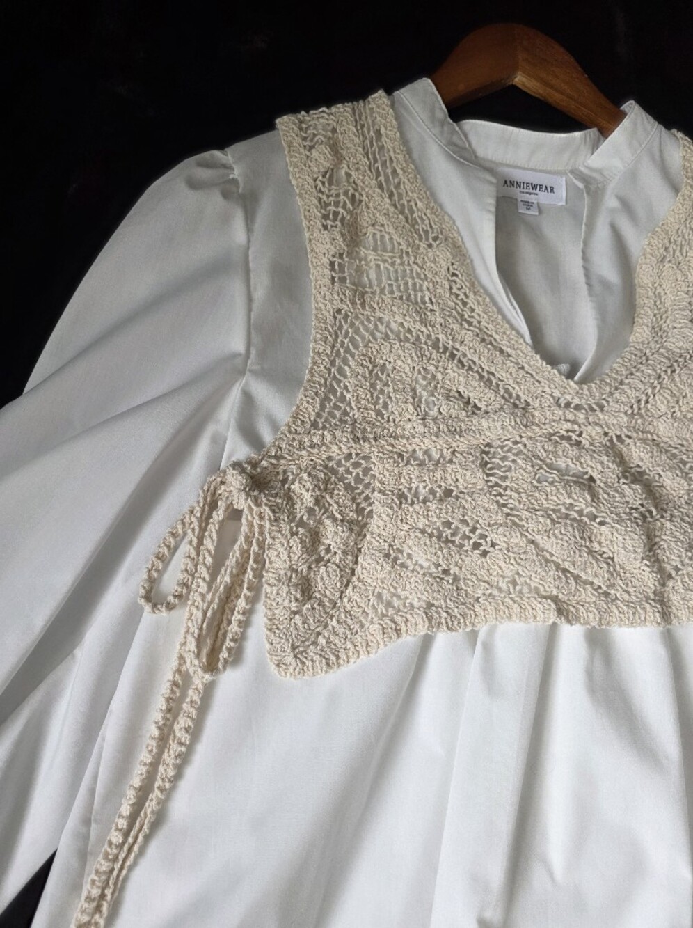 ANNIEWEAR Cream Crochet Knit Vest Over Cream Shirt Dress SIZE M, USED LAKE NEW. - Picture 3 of 12